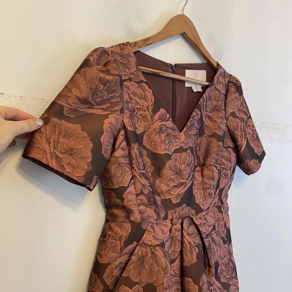 GAL MEETS GLAM brown bronze Ingrid floral shirt sleeve mini dress sz 4P - Picture 2 of 7